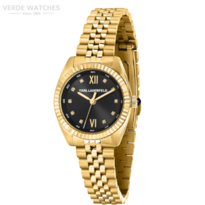 Gold-toned women's wristwatch with black dial, diamond markers, and a multi-link bracelet (Karl Lagerfeld)