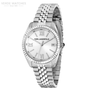 Karl Lagerfeld silver-toned bracelet watch with white dial, Roman numerals, and date window at 3 o’clock.
