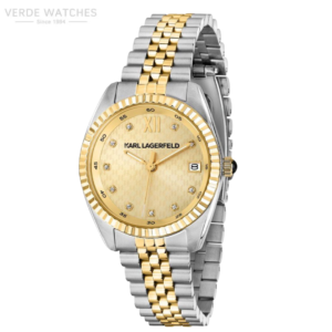 Karl Lagerfeld two-tone gold and silver wristwatch with diamond hour markers, date window at 3 o'clock, and fluted bezel