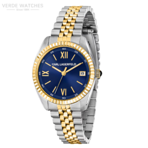 Karl Lagerfeld two-tone wristwatch with blue dial, gold Roman numerals, date window at 3 o'clock, and gold-silver bracelet.