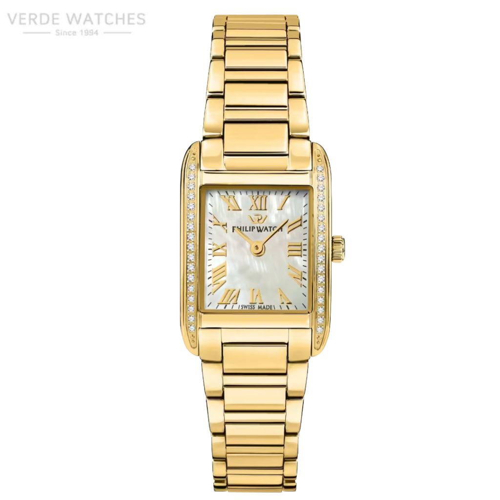 Gold rectangular women's watch with a diamond-studded bezel and gold bracelet, mother-of-pearl dial, Roman numerals, and three-hand display