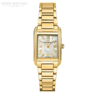 Gold rectangular women's watch with a diamond-studded bezel and gold bracelet, mother-of-pearl dial, Roman numerals, and three-hand display