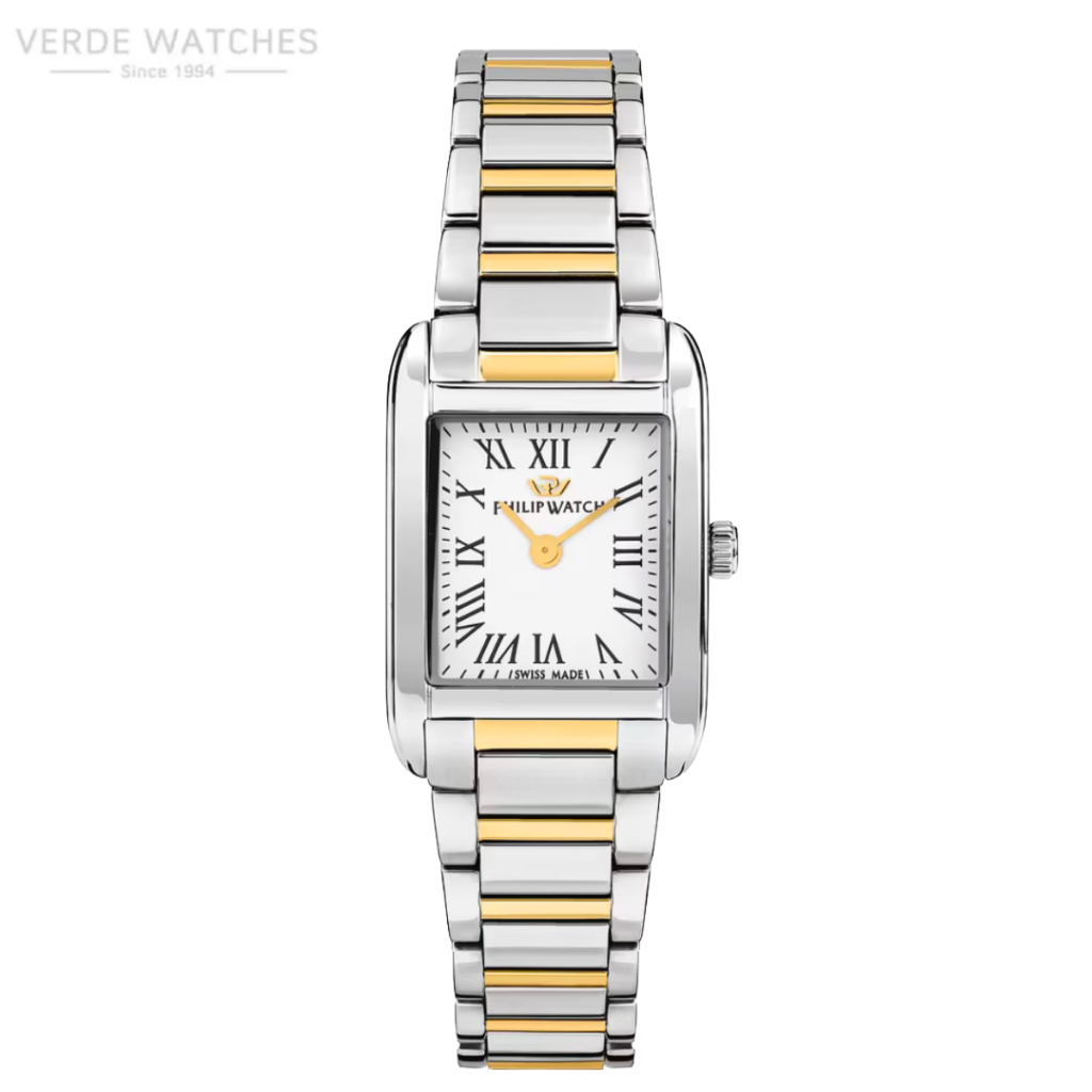 Two-tone silver and gold wristwatch with a rectangular white dial, Roman numeral markers, gold hands, and a two-tone metal bracelet (Swiss-made Philip Watch).