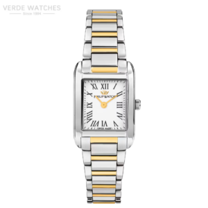 Two-tone silver and gold wristwatch with a rectangular white dial, Roman numeral markers, gold hands, and a two-tone metal bracelet (Swiss-made Philip Watch).