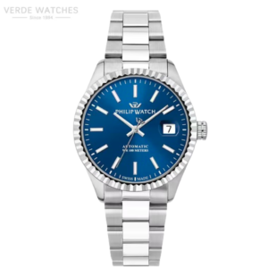Stainless steel wristwatch with a blue dial, white hour markers, and a date window at 3 o'clock.