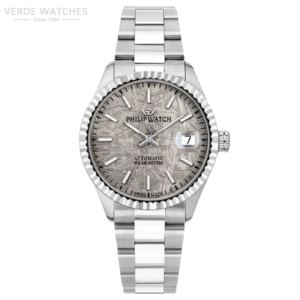Silver Philip Watch wristwatch with a textured metallic dial, date window at 3 o'clock, and a stainless steel bracelet; automatic movement, Swiss Made.