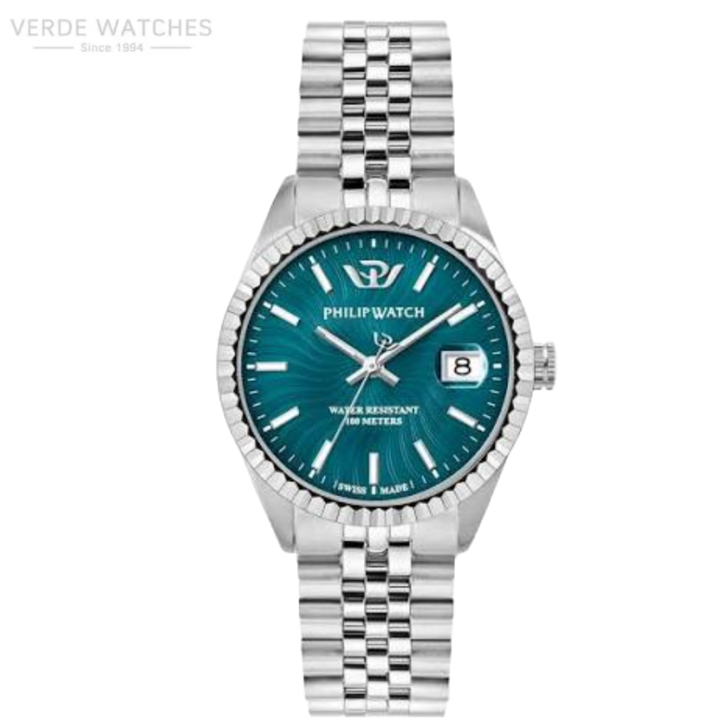 Philip Watch stainless steel wristwatch with teal dial, date window at 3 o'clock, and metal bracelet (100 m water resistant).