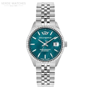 Philip Watch stainless steel wristwatch with teal dial, date window at 3 o'clock, and metal bracelet (100 m water resistant).