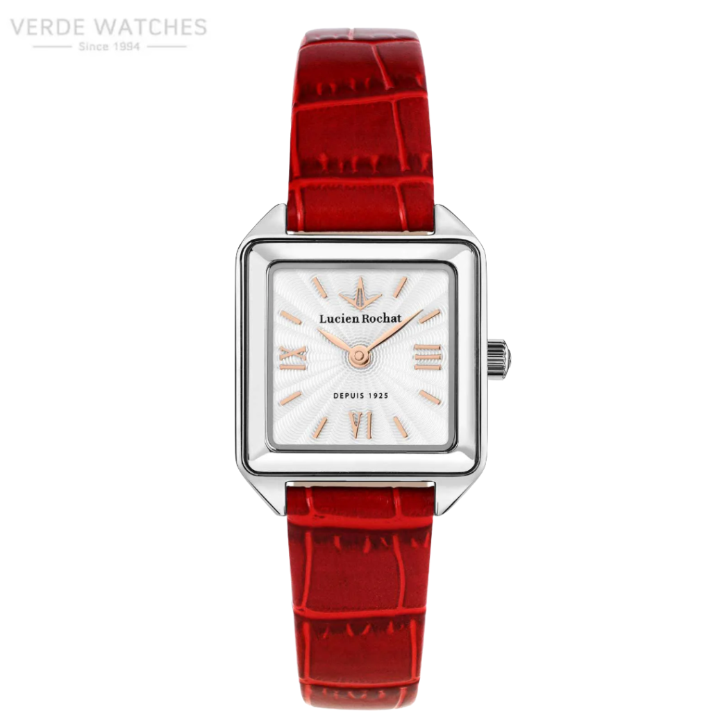 Lucien Rochat wristwatch with a square polished silver case, white patterned dial, rose-gold indices, and a red leather strap.