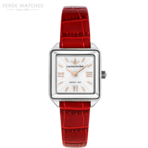 Lucien Rochat wristwatch with a square polished silver case, white patterned dial, rose-gold indices, and a red leather strap.