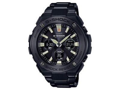 Casio G-Shock black metal wristwatch with analog-digital face and rugged design, labeled SHOCK RESIST on bezel